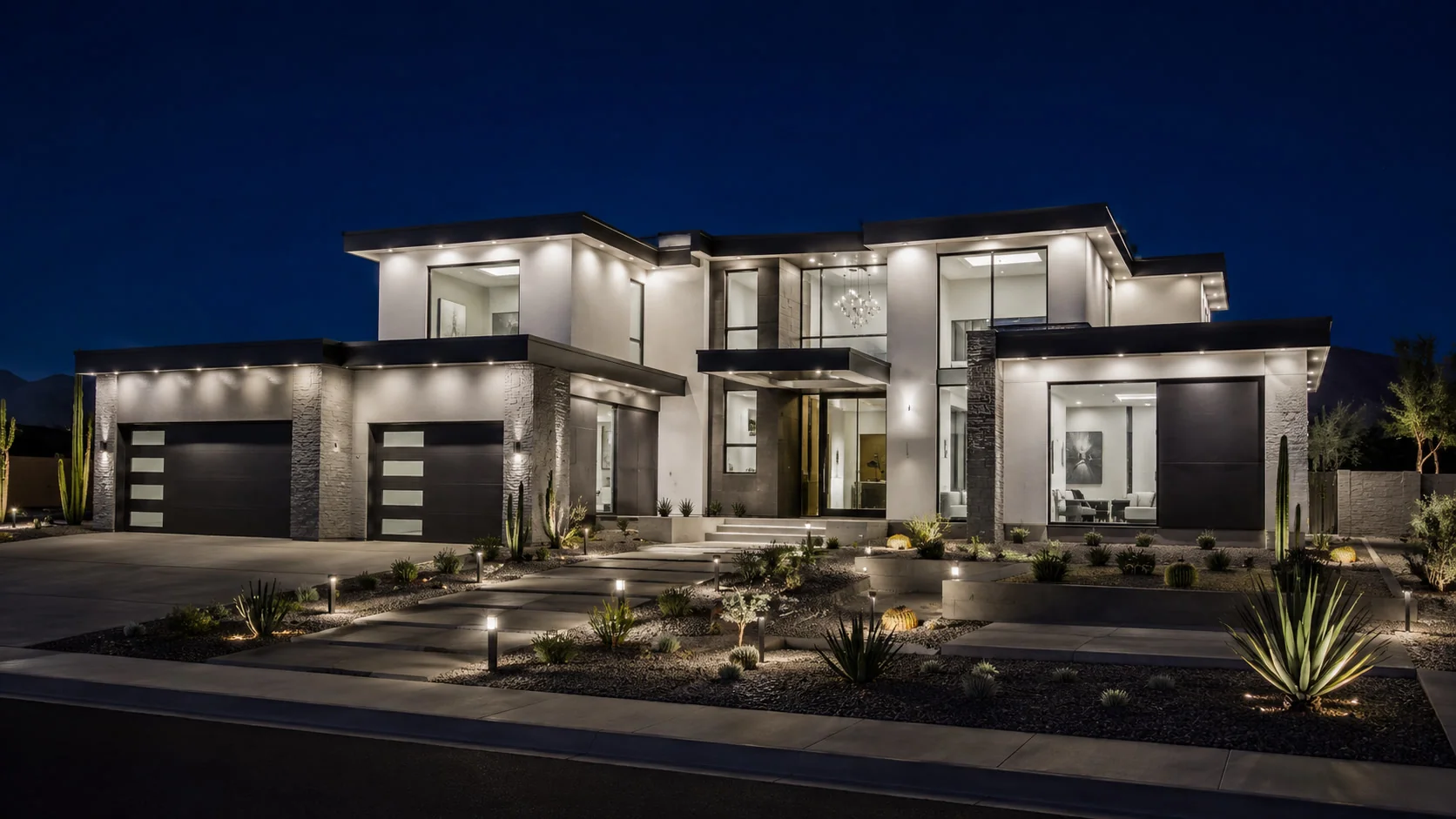 Design visualization of a contemporary desert home with cool white permanent roofline lighting