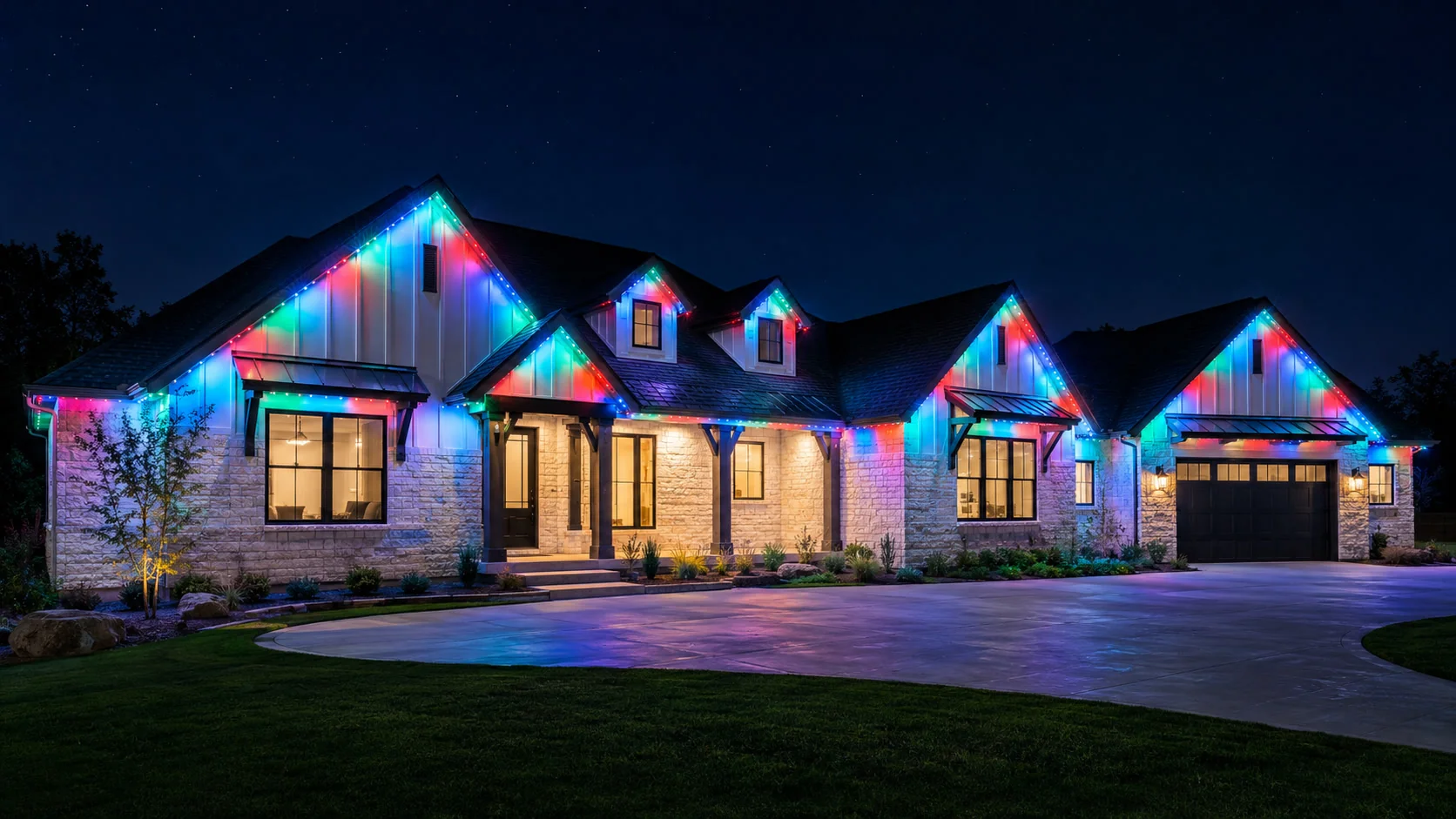 Design visualization of a home with permanent roofline lights set to multiple colors