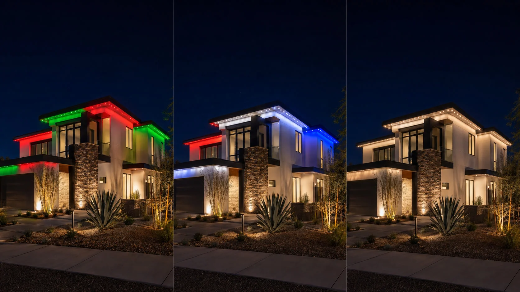 A modern home shown with Christmas, Fourth of July, and white lighting modes