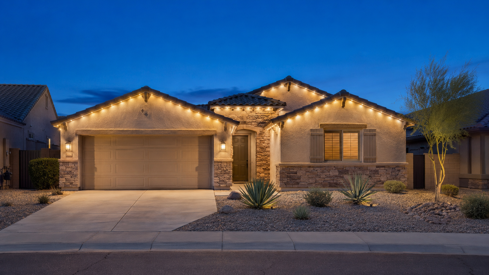 Design visualization of an Arizona suburban home with permanent roofline lighting