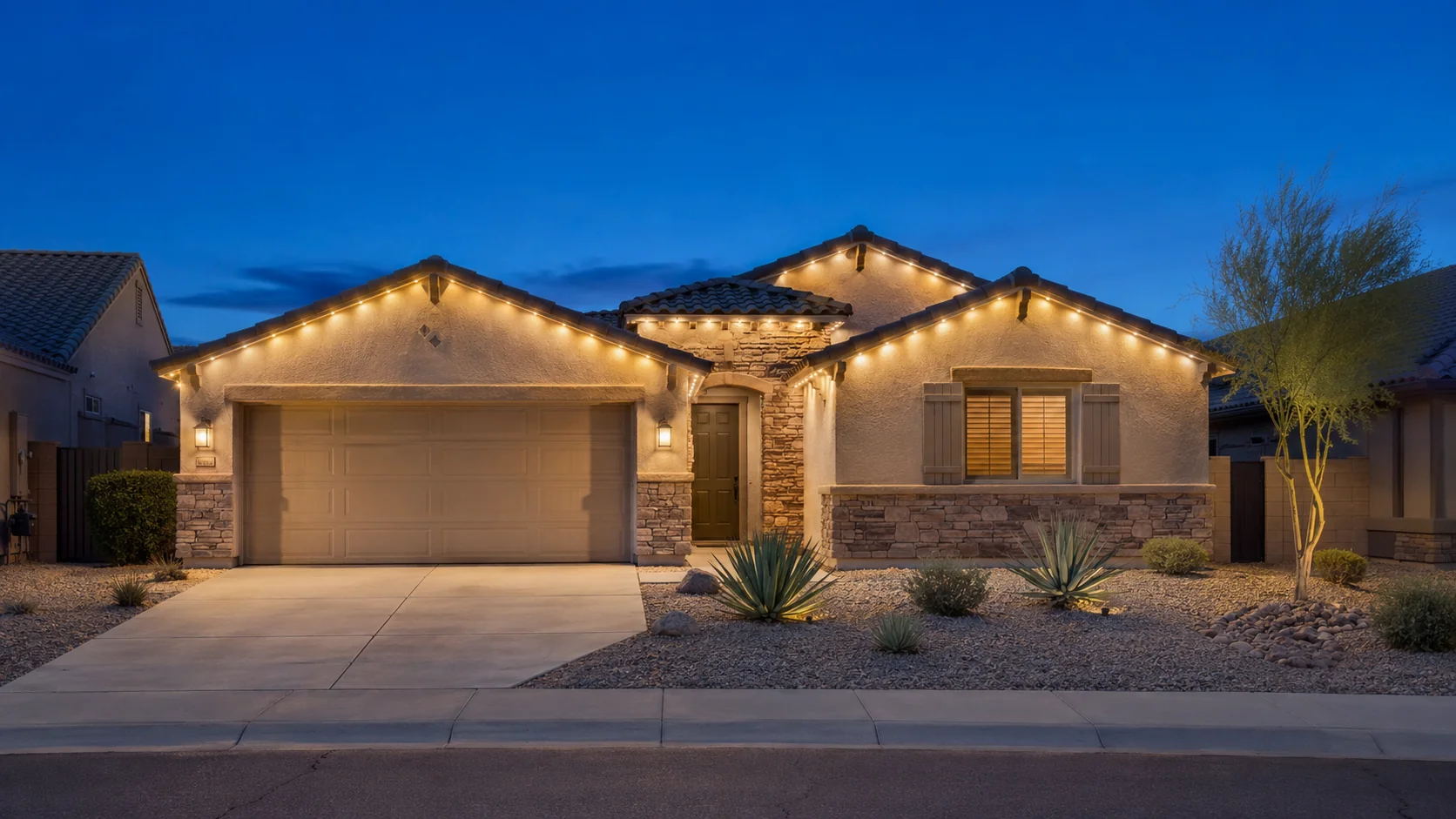 Design visualization of an Arizona suburban home with warm white permanent roofline lighting